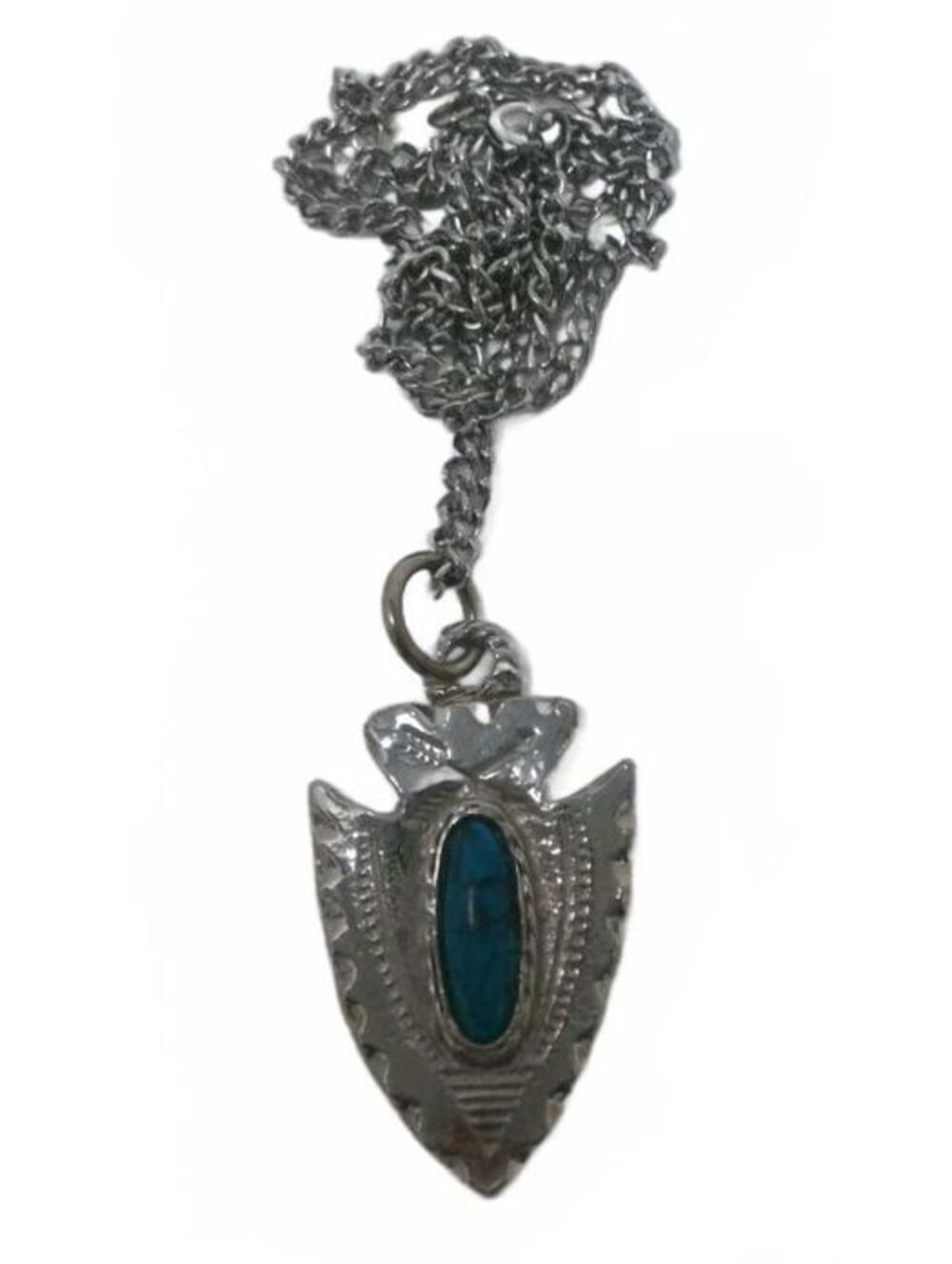 Vintage Southwestern Arrowhead Pendant Necklace, Silver Tone Faux Turquoise